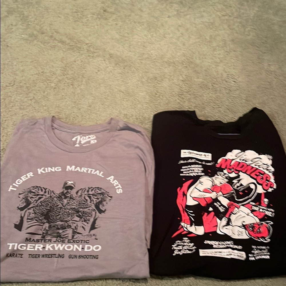 2 BJJ shirts Toro and Newaza both XL. The Tiger King and play on Reefer Madness!